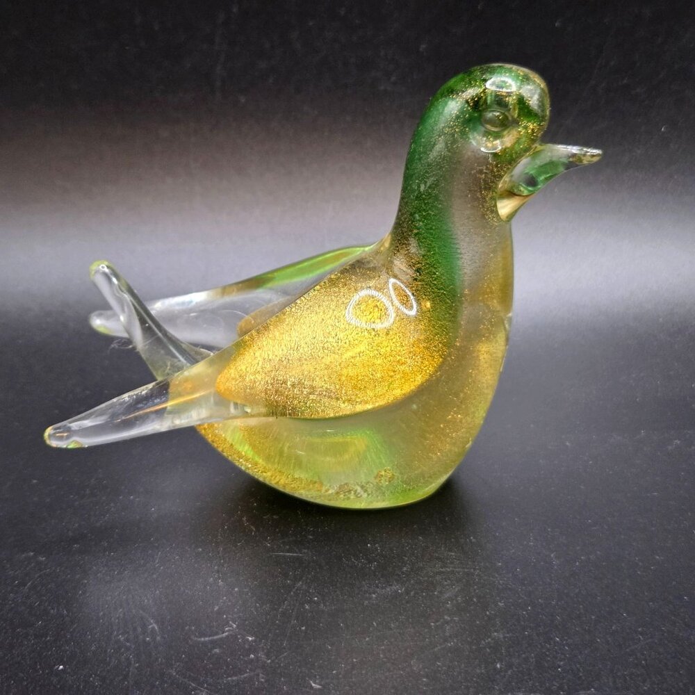 Vtg Murano Art Glass Seguso Green Gold Dove Bird Figurine MCM Italy 2.75"